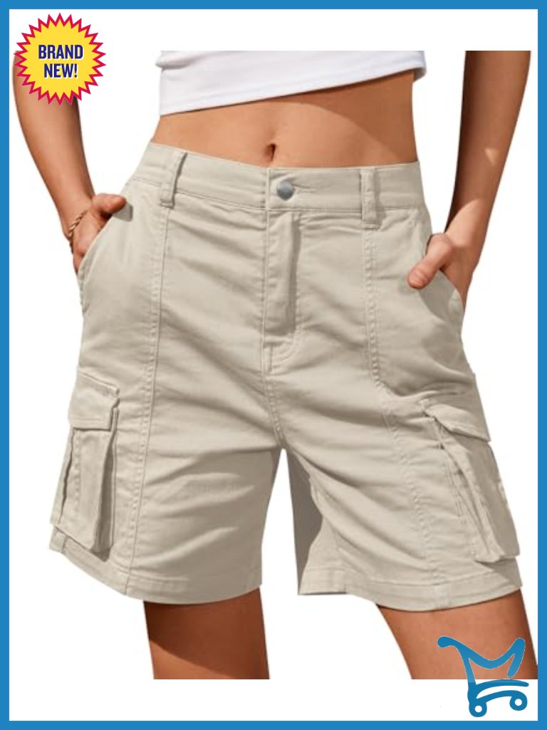 Cargo Shorts Bermuda Knee Length 6 Pockets Elastic Waist Summer Casual